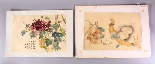 TWO CHINESE PAINTINGS OF NATIVE FLORAL DISPLAY, one on paper...