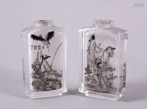 TWO CHINESE REVERSE PAINTED GLASS SNUFF BOTTLES, one depicti...