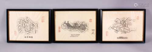 THREE FRAMED CHINESE TEMPLE RUBBINGS, each with a different ...
