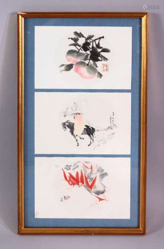 A CHINESE FRAMED PAINTED TRIO, depicting fruit, figure on ho...