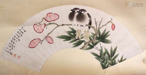 A CHINESE MOUNTED PAINTED PAPER FAN - TWO BIRDS, the fan pan...