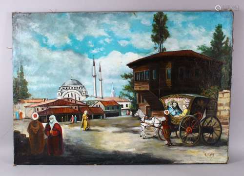 A LARGE OIL ON CANVAS PAINTING OF AN INSTANBUL MOSQUE, 100cm...