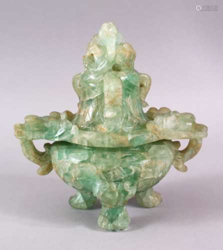 A CHINESE CARVED GREEN QUARTZ TWIN HANDLE VASE AND COVER, wi...