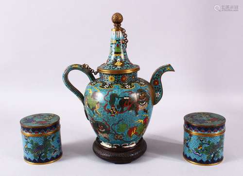 A 19TH CENTURY CHINESE CLOISONNE EWER & TWO LIDDED TEA CADDI...