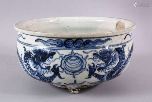 A CHINESE BLUE & WHITE PORCELAIN DRAGON TRIPOD POT / PLANTER...