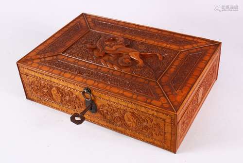 A FINE 19TH CENTURY PERSIAN QAJAR ENGRAVED WOODEN BOX, carve...