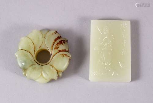 TWO CHINESE CARVED JADE BI & TABLET / PENDANT, one carved in...