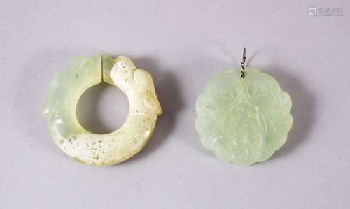 TWO CHINESE CARVED JADE BUTTERFLY & DRAGON BI DISK PENDANTS,...