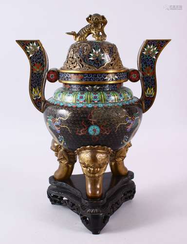 A 19TH / 20TH CENTURY CHINESE CLOISONNE TRIPOD TIN HANDLE CE...