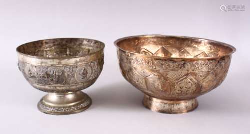 TWO BURMESE WHITE METAL BOWLS, each with relief decoration, ...