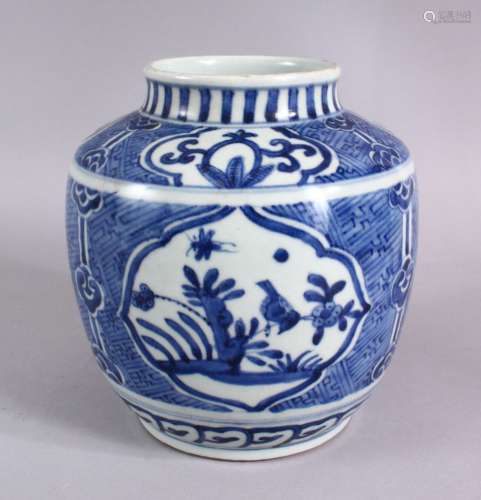 A CHINESE BLUE & WHITE PORCELAIN GINGER JAR, with panel flor...