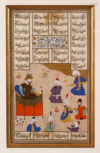 A QAJAR MINATURE PAINTING ON MANUSCRIPT - depicting figures ...