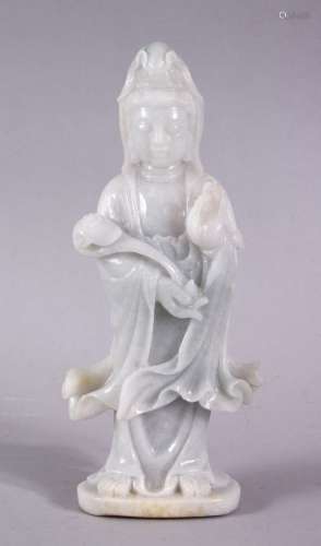 A CHINESE CARVED JADEITE FIGURE OF GUANYIN / DEITY , stood h...