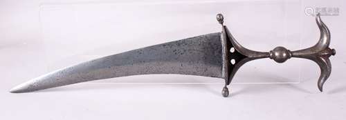 A FINE INDIAN POLISHED STEEL DAGGER, the handle with bow sha...