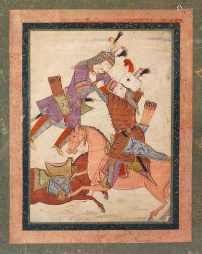 A ISLAMIC / PERSIAN MINIATURE PAINTING OF TWO WARRIORS - bot...