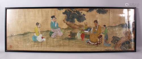 A CHINESE FRAMED LANDSCAPE PICTURE, of a scribe with figures...