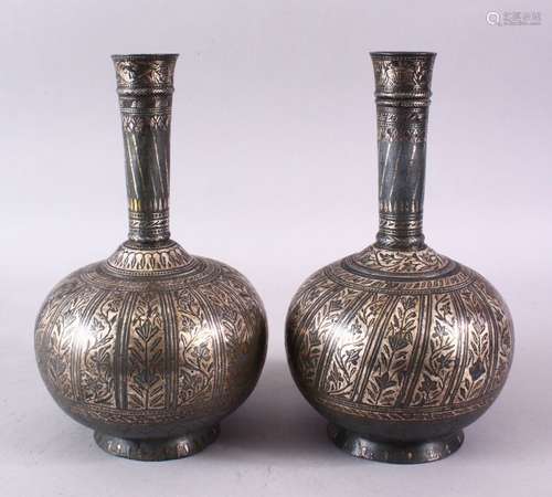 A PAIR OF 18TH/19TH CENTURY INDIAN BIDRI SILVER INLAID BOTTL...