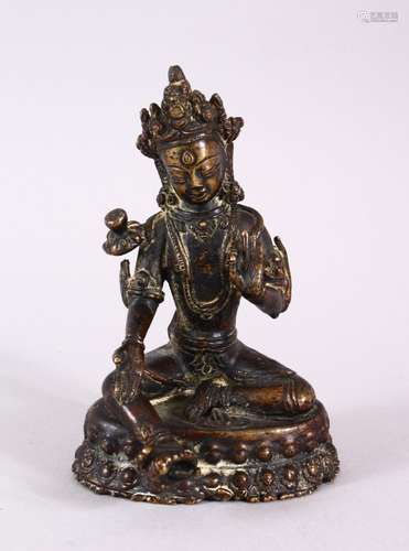 A FINE TIBETAN OR CHINESE BRONZE FIGURE OF SEATED BUDDHA, in...