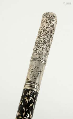 A GOOD INDIAN MOTHER OF PEARL INLAID WALKING CANE with silve...