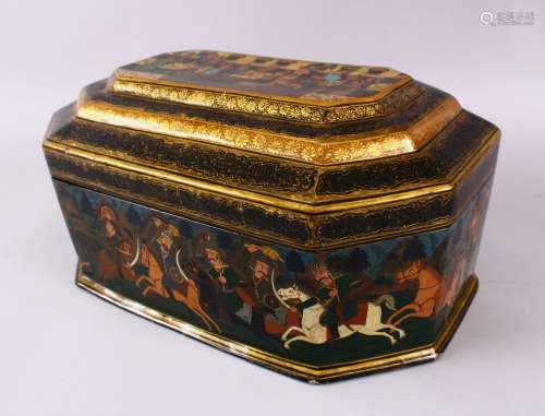 A 19TH CENTURY PERSIAN LACQUER LIDDED BOX, decorated with sc...