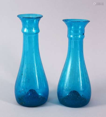 TWO 18TH CENTURY PERSIAN BLOWN GLASS TURQUOISE BOTTLE VASES,...