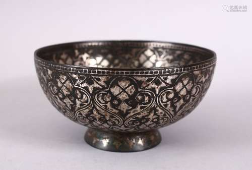 A FINE 19TH CENTURY INDIAN BIDRI SILVER INLAID BOWL, 12.5cm ...