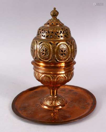 AN 18TH CENTURY TURKISH OTTOMAN TOMBAK GILDED COPPER INCENSE...