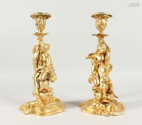 A VERY GOOD PAIR OF GILT BRONZE CLASSICAL FIGURAL CANDLESTIC...