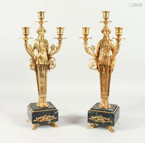 A VERY GOOD PAIR OF GILT BRONZE EMPIRE DESIGN, THREE LIGHT C...