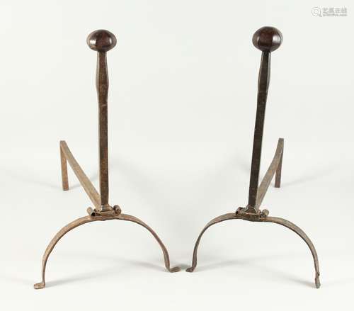 A PAIR OF 17TH CENTURY IRON FIRE DOGS