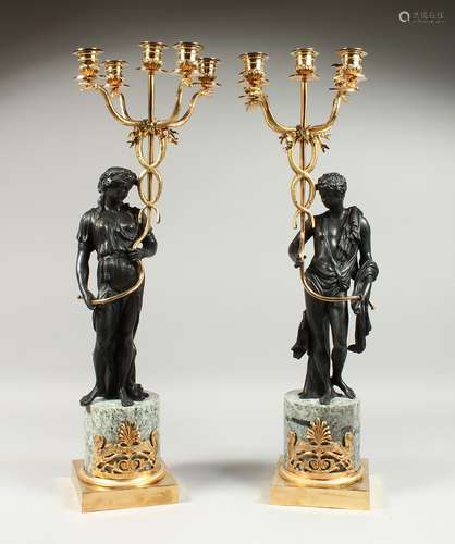 A VERY GOOD PAIR OF BRONZE CLASSICAL CANDELABRA on classical...