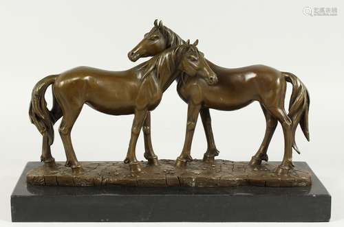 MILO - A GOOD BRONZE OF TWO HORSES on a marble base. Signed,...