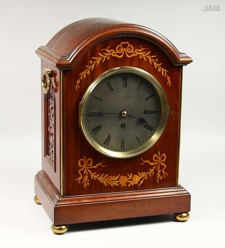 A GOOD MAHOGANY INLAID MUSICAL BRACKET CLOCK, with dial, 8 d...