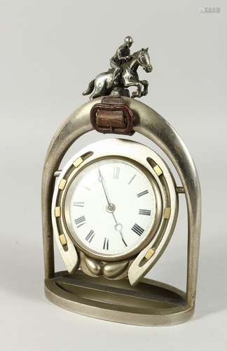 A GOOD EQUESTRIAN CLOCK ON A HORSE SHOE in a stirrup. 10.5in...