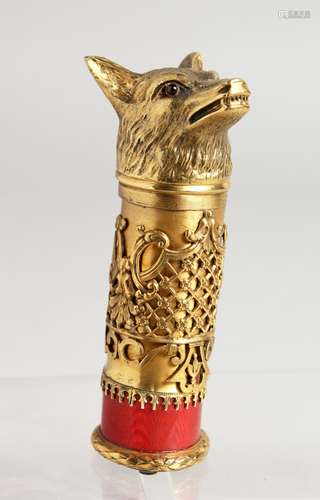 A SUPERB RUSSIAN SILVER GILT AND ENAMEL DOG'S HEAD WALKING S...