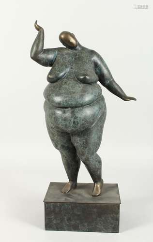 AN ABSTRACT BRONZE STANDING FAT NUDE on a bronze base, 18ins...