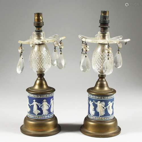 A GOOD PAIR OF WEDGWOOD BLUE AND WHITE LUSTRES with prism dr...