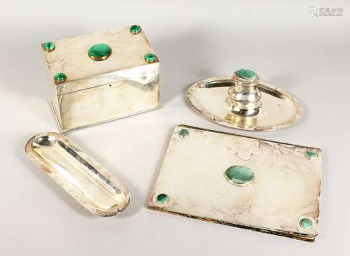 A GOOD PLATED DESK SET, with malachite comprising of blotter...