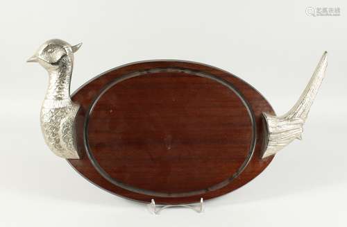 A PHEASANT CARVING WOODEN DISH with plated head and feathers...