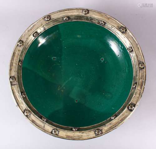 AN EARLY EASTERN GREEN GLAZED & WHITE METAL LARGE POTTERY DI...