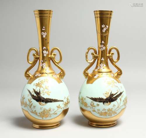 A GOOD PAIR OF M. REDON, LIMOGES TWO HANDLED GILT VASES, duc...