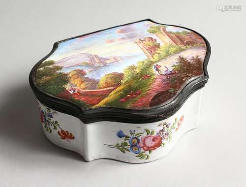 A LARGE ENAMEL BOX AND COVER the top painted with a lake, ru...