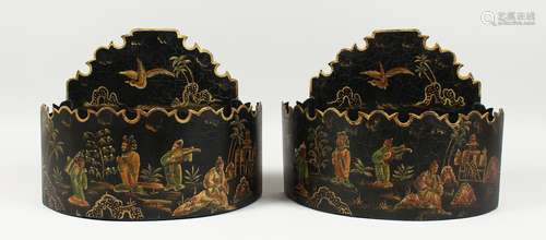 A PAIR OF BLACK TOLE WARE WALL POCKETS,Chinese design 11ins ...