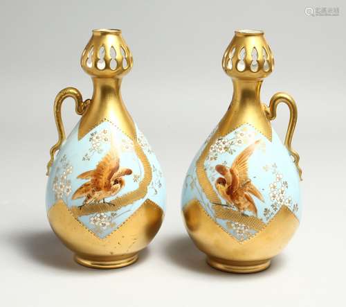 A GOOD PAIR OF M. REDON, LIMOGES SINGLE HANDLED BULBOUS VASE...