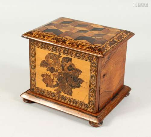 A GOOD TUNBRIDGE WARE MINIATURE CHEST with single door openi...