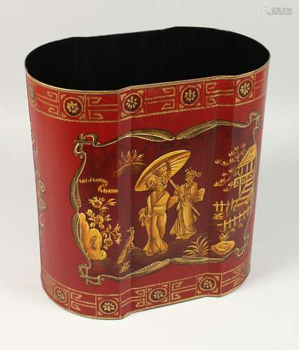 A RED TOLEWARE BIN with Chinese designs. 11ins high