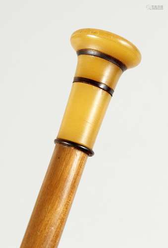 A CANE WITH TURNED HORN HANDLE.