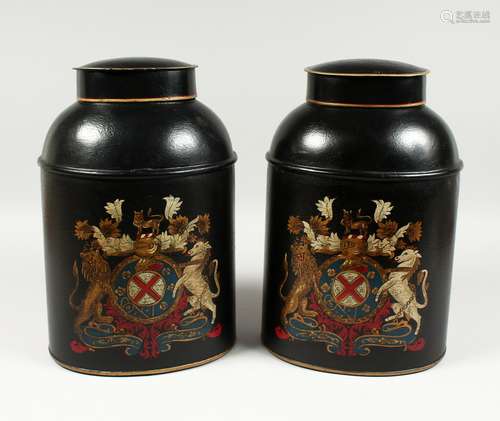 A PAIR OF OVAL TOLEWARE BINS and lids with coat of arms. 13i...