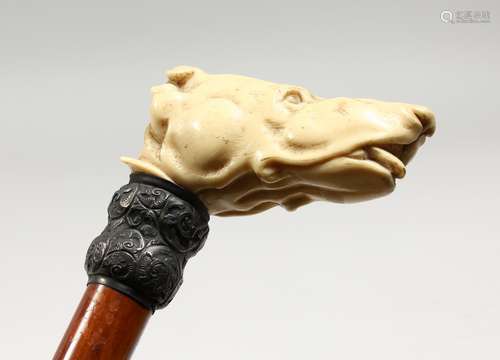 A VICTORIAN UMBRELLA with carved ivory dog handle, Engraved ...