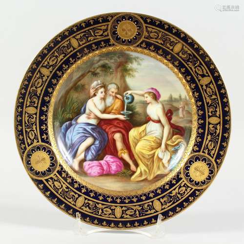 A GOOD VIENNA CIRCULAR PLATE, blue and gilt border, the cent...